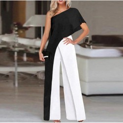 Jumpsuit Color Block One Shoulder Elegant Party Prom Straight Regular Fit Short Sleeve Black S M L Spring