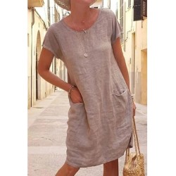 Shift Dress Knee Length Dress Short Sleeve Pure Color Pocket Spring Summer Crew Neck Basic Casual Classic Loose 2023 S M L XL 2XL 3XL 4XL 5XL / Cotton