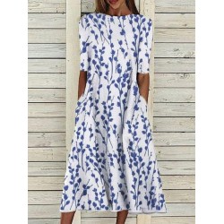 Casual Dress Midi Dress Blue Half Sleeve Print Ruched Spring Summer Crew Neck Casual 2023 S M L XL XXL 3XL