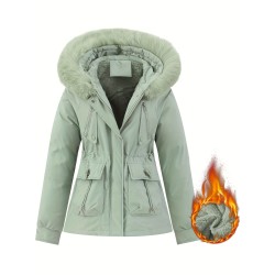 Cozy Winter Windbreaker Jacket for Women – Soft Removable Faux Fur Trim Hood, Water-Resistant Zipper Front, Spacious Pockets, and Comfortable Fit for Cold Weather Outdoor Activities