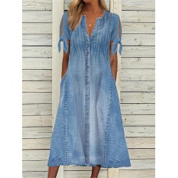 Casual Dress Denim Shirt Dress Midi Dress Denim Classic Modern Outdoor Daily Vacation V Neck Ruched Button Short Sleeve Summer Spring 2023 Regular Fit Blue Plain S M L XL 2XL