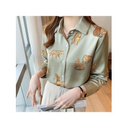 2022 Leopard Print Long Sleeve Satin Blouse