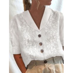 Shirt Blouse White Eyelet Tops White Floral Button Short Sleeve Casual Basic Shirt Collar Regular S